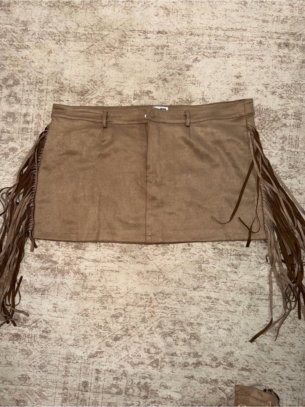 Fashion Nova Brown Fringe-Trim Suede Mini Skirt SET